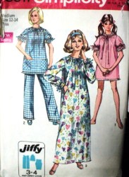 8511 SIMPLICITY 1969 JIFFY NIGHTGOWN, SS PAJAMA TOP, BOTTOMS PATTERN 12,14
